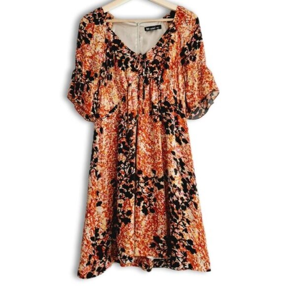 KENZIE Pretty / 100% Silk Flowy V-Neck Midi Knee Length Dress Abstract Floral M - Picture 2 of 15